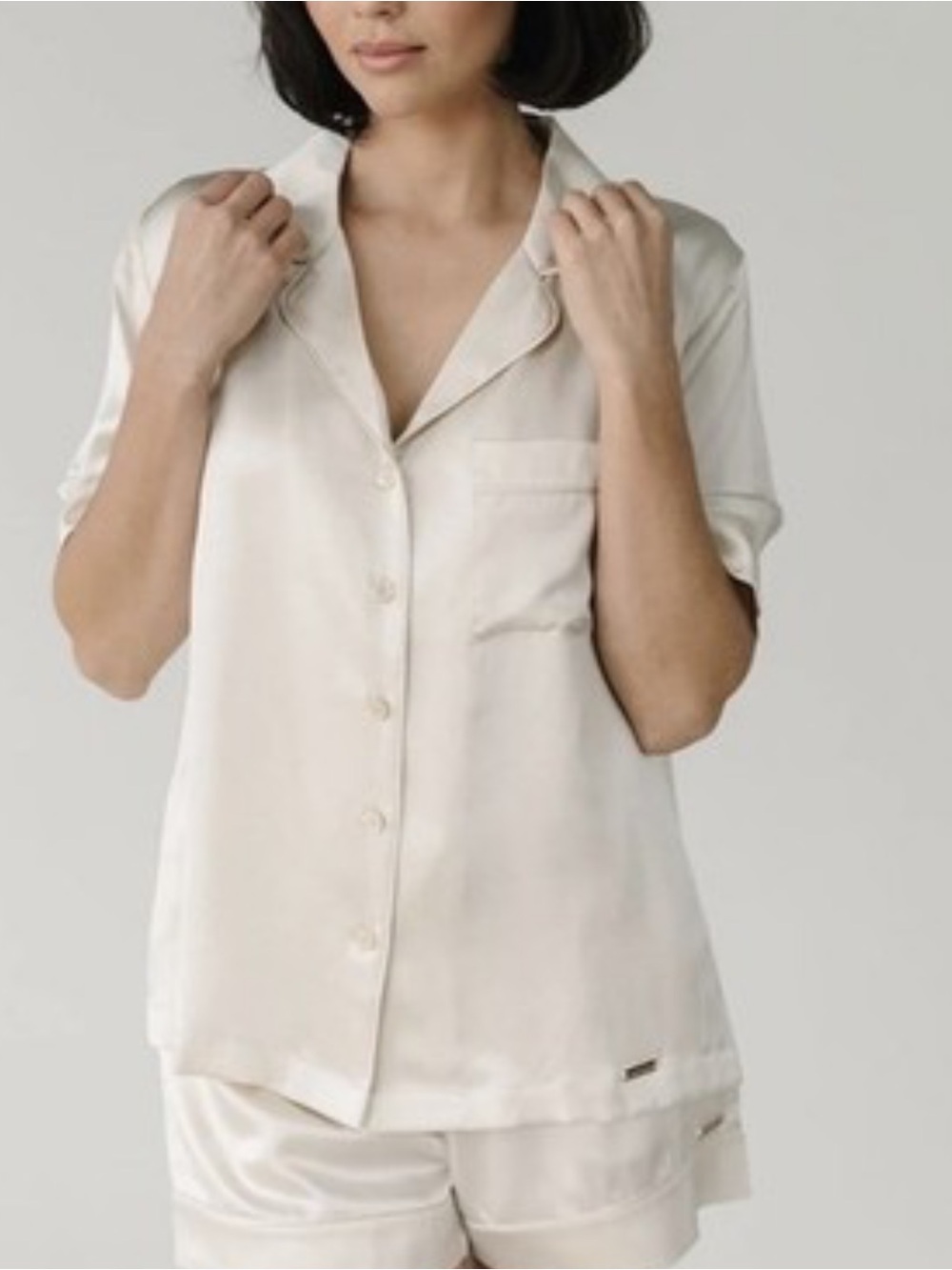 Cozy Earth Silk Short-Sleeve  Button Front Top